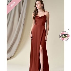 Azazie terracotta bridesmaid Naomi stretch satin dress size 16 hemmed 2 inches